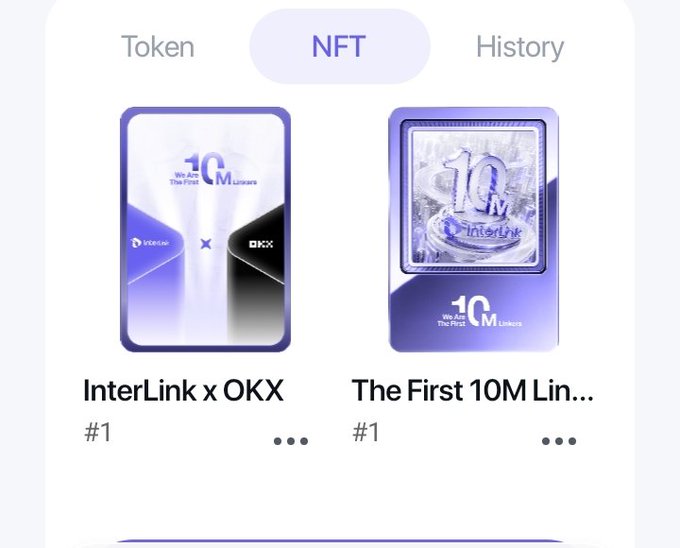 An NFT marketplace interface displaying two cards: 'InterLink x OKX' and 'The First 10M Lin...' under the NFT tab.