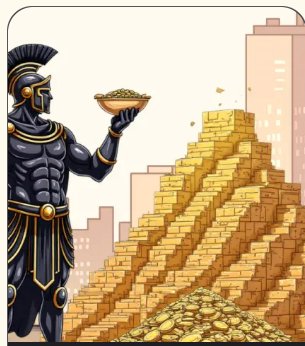 A cartoon illustration of a muscular Spartan warrior in black and gold armor holding a bowl of gold coins, standing next to a massive pyramid made of stacked gold bars in an urban city setting.