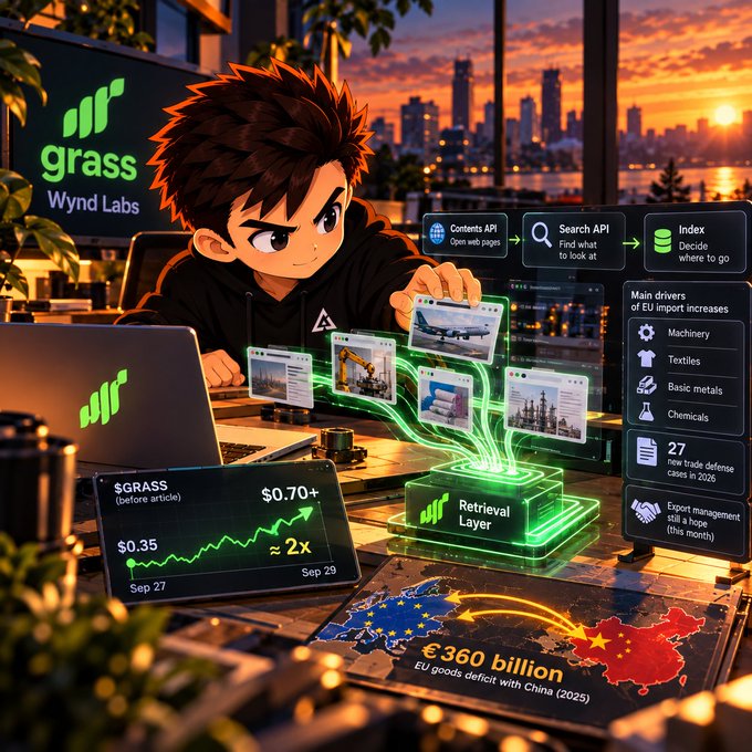 An illustrated promotional graphic for 'grass' by Wynd Labs featuring a chibi-style character with charts, including $GRASS price ($0.35 to $0.70+) and EU-China trade deficit data showing €360 billion.
