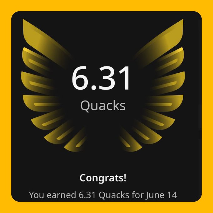 The image features a yellow square with a gold-colored bird's wing design, which is displayed against a black background. The text "congrats" is written below the winged design, indicating that someone has achieved something or accomplished a goal. The post also mentions that the user has earned 6.31 quacks for June 14th and that they have earned Quacks for June 14th as well.