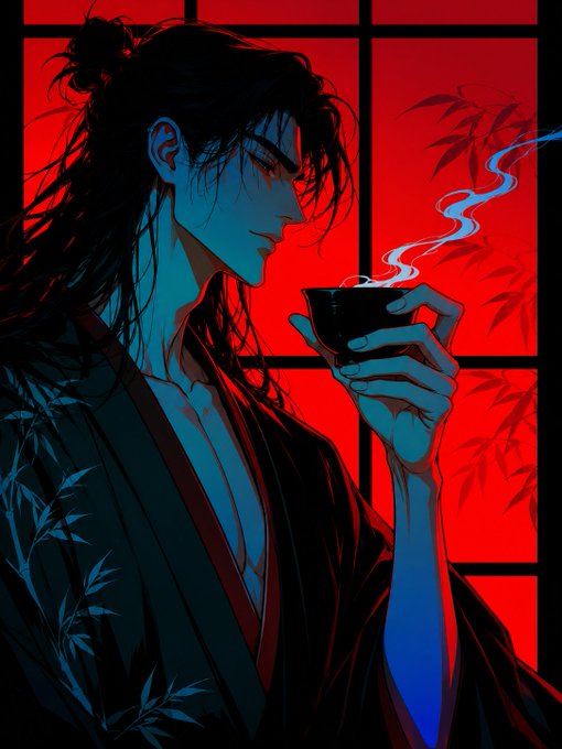 An anime-style digital illustration of a dark-haired man in profile wearing a robe, holding a steaming cup of tea against a red window background with bamboo leaves.