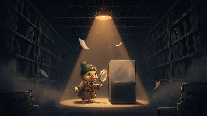 An illustrated duck wearing a detective's hat and coat holds a magnifying glass in a dark library, standing under a spotlight illuminating a glass display case.