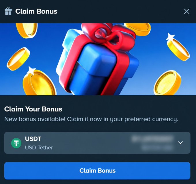 A "Claim Bonus" interface offers a USDT (USD Tether) reward with a blue button to claim.