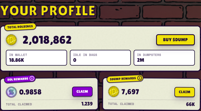 A 'YOUR PROFILE' dashboard showing total holdings of 2,018,862 with 18.86K in wallet, 0 idle in bags, and 2M in dumpsters, along with claimable SOL rewards (0.9858) and $DUMP rewards (7,697).