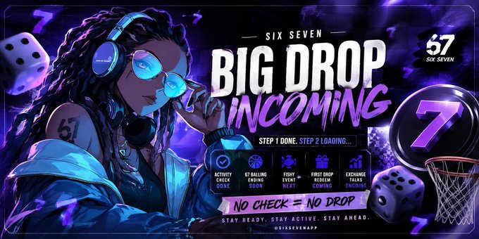 A stylized purple promotional banner for "Six Seven" featuring a headphone-wearing character, basketball imagery, and text reading "BIG DROP INCOMING," "STEP 1 DONE. STEP 2 LOADING…," along with UI elements like "ACTIVITY CHECK DONE," "67 BALLING ENDING SOON," and "FIRST DROP REDEEM COMING," signaling the upcoming drop redeem event teased in the post.