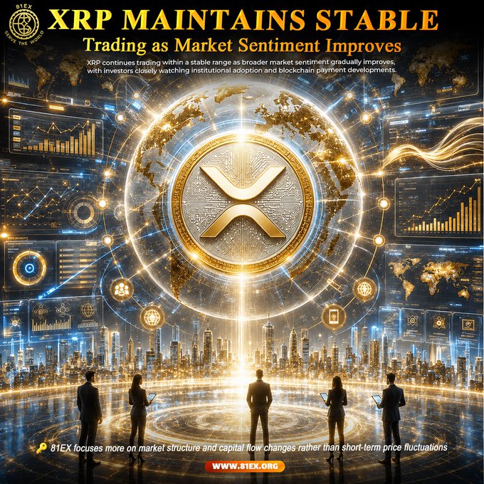 The image is a futuristic promotional graphic for 81EX featuring a large golden XRP coin at its center, surrounded by holograms, charts, and business professionals, with the headline "XRP MAINTAINS STABLE Trading as Market Sentiment Improves" and text noting that 81EX focuses on market structure and capital flow changes rather than short-term price fluctuations—visually reinforcing the post's message about XRP's steady trading performance amid improving market sentiment.