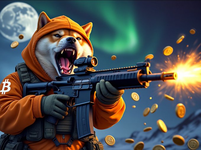 A stylized Shiba Inu dog wearing an orange hoodie and tactical gear fires an assault rifle while gold coins fly around it, set against a backdrop of the aurora borealis and full moon, with a Bitcoin logo visible on its sleeve.
