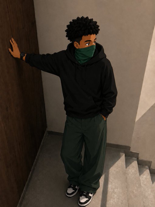 The image features a young man wearing a black hoodie with green bandana around his neck and white sneakers. He is standing next to a wooden door or wall, possibly leaning against it as he poses for the photo. The caption of the image reads "good morning famz @NomismaNetwork is making the case that adoption starts when complexity disappears. @useTria is turning Web3 into something people can use daily, not just navigate".