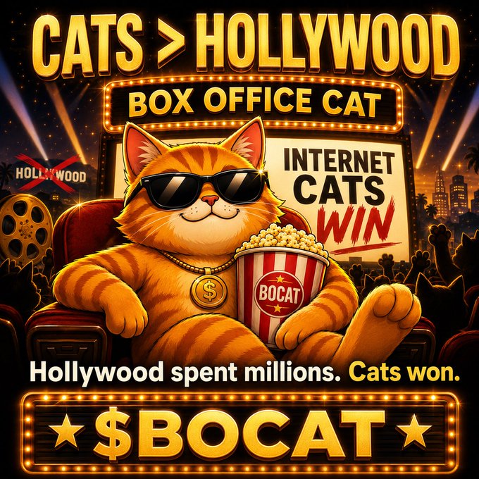 A promotional graphic featuring an orange cat in sunglasses eating popcorn in a theater, with text reading 'CATS > HOLLYWOOD', 'BOX OFFICE CAT', 'INTERNET CATS WIN', and '$BOCAT'.