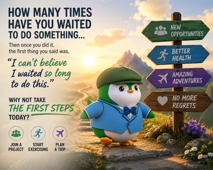 A motivational illustration featuring a penguin character in a blue suit standing on a path with a signpost pointing to 'New Opportunities,' 'Better Health,' 'Amazing Adventures,' and 'No More Regrets,' alongside text urging viewers to take the first steps today.