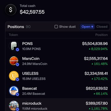 A cryptocurrency portfolio screenshot showing a total cash value of $42,597.55, with positions including PONS ($5.5M, +8029.94%), MarsCoin (+161.48%), USELESS (+170.42%), Basecat (+66.14%), and microduck (+1161.78%).