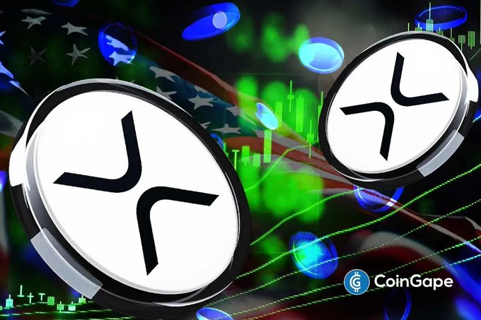 A crypto-themed image features two silver XRP coins floating against a background showing the American flag, green stock charts, and a CoinGape watermark.