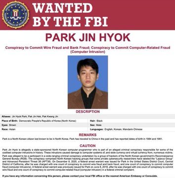 This is an FBI Wanted poster for Park Jin Hyok, a North Korean citizen born on September 3, 1984, wanted for conspiracy to commit wire fraud, bank fraud, and computer-related fraud, with a reward of up to $5 million for information leading to his arrest or conviction. The poster relates to the post as it connects Park Jin Hyok to the Lazarus Group, the North Korean hacker collective responsible for the record-breaking $1.5 billion Bybit heist mentioned, as well as previous major hacks including the Ronin Bridge ($625M), Harmony Bridge ($100M), and Atomic Wallet attacks.