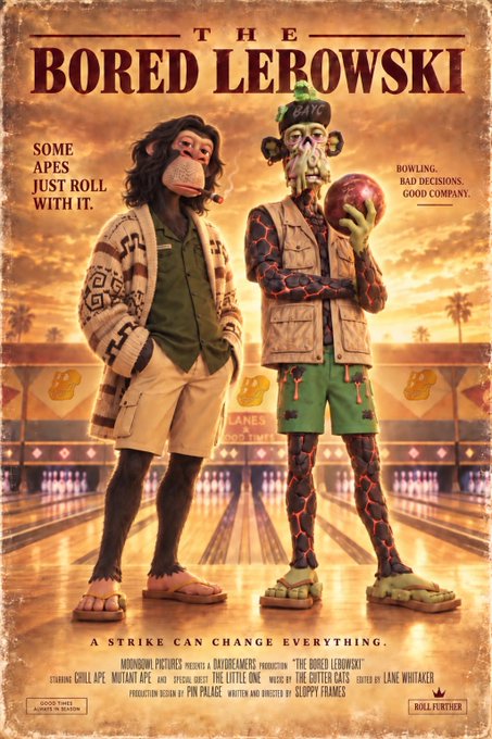 A vintage-style movie poster parody titled "THE BORED LEBOWSKI" features two Bored Ape-style characters standing in a bowling alley, with one holding a bowling ball and wearing a green cap marked "BAYC." The poster includes the tagline "SOME APES JUST ROLL WITH IT." and "A STRIKE CAN CHANGE EVERYTHING," promoting the "BORED LEWBOW$KI" virtual bowling event at APEFEST 2026 on Thursday, October 15, 2026, from 9PM-11PM EST, where attendees can enjoy the event for $FREE.99.