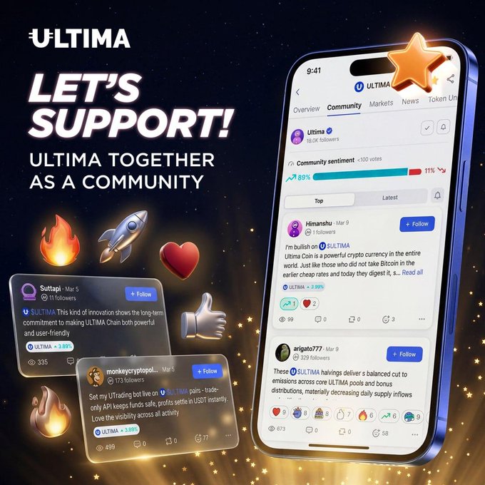 A promotional graphic for 'ULTIMA' cryptocurrency with the text 'LET'S SUPPORT! ULTIMA TOGETHER AS A COMMUNITY,' featuring a phone displaying community sentiment (89% positive) and sample posts about ULTIMA being a powerful crypto currency, alongside engagement icons like fire, rocket, and heart emojis.