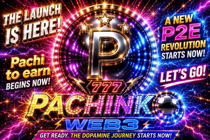 The vibrant graphic announces the launch of "Pachi to Earn" and "Pachinko Web3," a new P2E revolution. This image promotes a $20 giveaway for the Pachi to Earn launch, as described in the accompanying post.
