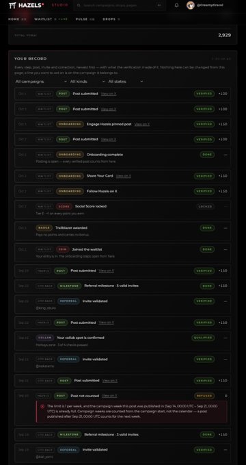Image 8: A dark-themed webpage interface for 'HAZELS' STUDIO' displaying a 'YOUR RECORD' page with a list of tasks, statuses like 'POST', 'UNGRADED', and 'SCORING', and associated campaigns and points.