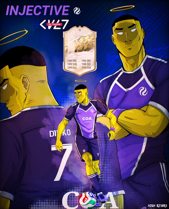 The image features a cartoon illustration of a soccer player wearing a purple jersey with the number 7, standing next to two other figures who are also wearing purple jerseys. The background of the image has a blue color scheme, which complements the purple jerseys worn by the characters in the illustration. The post includes text that reads "Injective" and "CoA", possibly indicating the artist's name or the collection they have created.