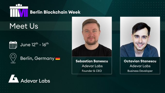 The image features a poster for an event called Berlin Blockchain Week, which appears to be taking place in June of this year. The poster includes two men's headshots, one wearing a black shirt and the other wearing a blue shirt. They are both smiling at the camera, suggesting that they are attending or participating in the event together. The text on the poster indicates that the event is happening in Berlin, Germany, and it aims to bring together people interested in blockchain technology for a summit-like gathering.