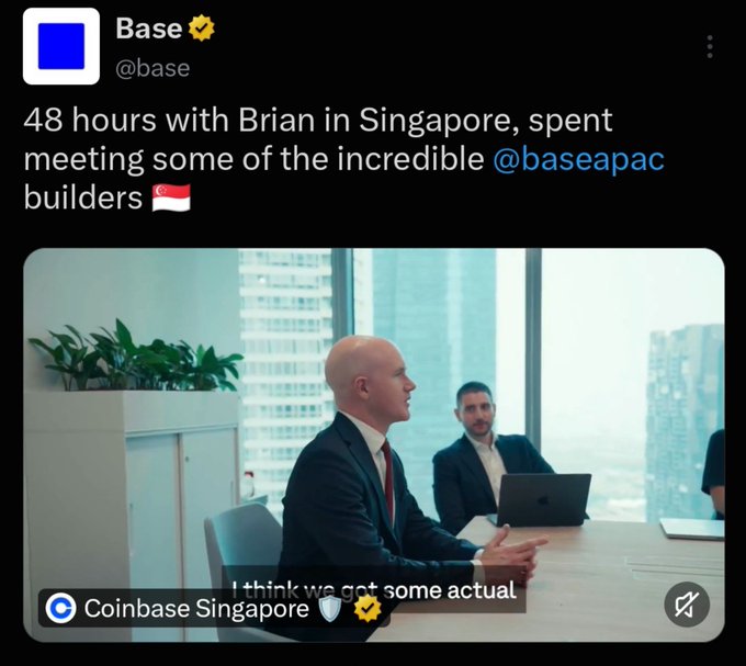 A Base (@base) tweet about spending 48 hours in Singapore meeting @baseapac builders, featuring a photo of Brian Armstrong in a meeting at Coinbase Singapore.