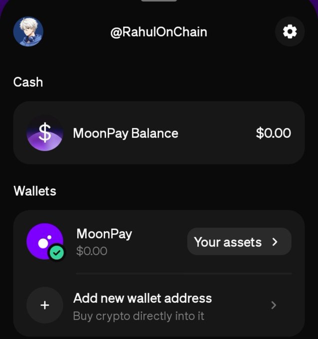 Screenshot of a MoonPay account page for user @RahulOnChain showing a MoonPay Balance of $0.00, a MoonPay wallet, and an option to add a new wallet address.