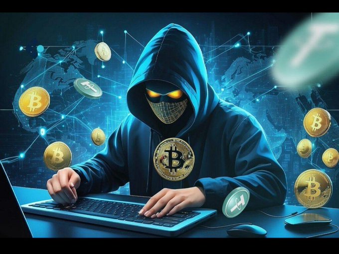 A stylized digital artwork of a hooded hacker with glowing yellow eyes typing on a keyboard, surrounded by floating Bitcoin, Litecoin, and other cryptocurrency coins.