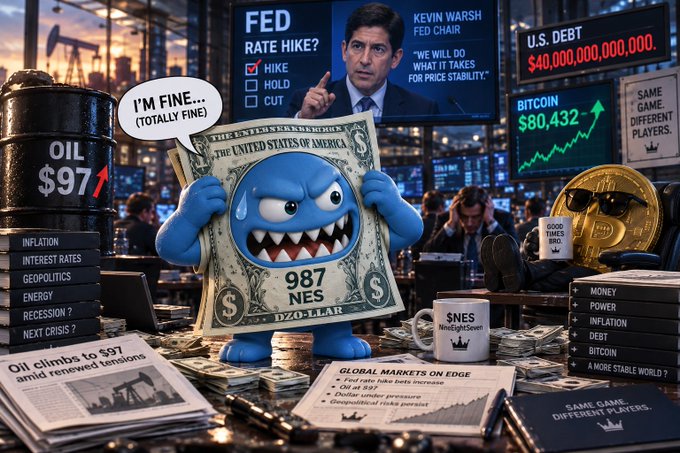A satirical financial cartoon featuring an anxious blue monster character holding a US dollar bill, surrounded by market chaos with headlines like 'FED RATE HIKE?' (Kevin Warsh, Fed Chair), 'OIL $97', 'U.S. DEBT $40,000,000,000', and 'BITCOIN $80,432', with a speech bubble reading 'I'M FINE... (TOTALLY FINE)'.