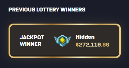 A 'Previous Lottery Winners' screen displays a Jackpot Winner named 'Hidden' with a prize of $272,119.86.