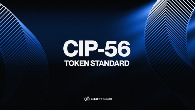 A dark blue graphic with abstract geometric line patterns displays the text "CIP-56 TOKEN STANDARD" prominently in the center, with the "CANTON" logo at the bottom. The image serves as a visual header introducing CIP-56 as a token standard for the Canton Network ecosystem, similar to Ethereum's ERC-20 standard.