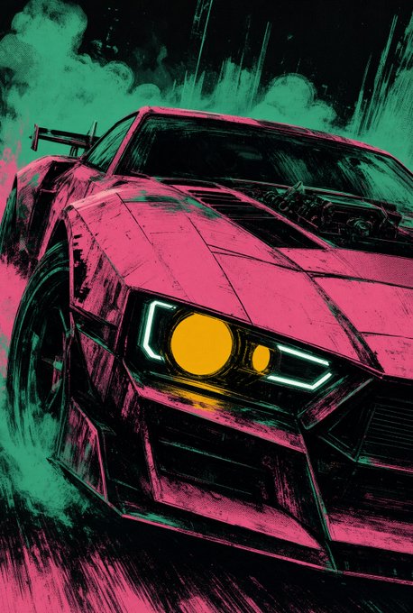 A stylized comic-book-style illustration of a pink sports car with glowing yellow headlights, set against a dark background with green splashes of color. The post link directs to a Twitter/X user, suggesting the artwork was shared as part of their profile or feed.