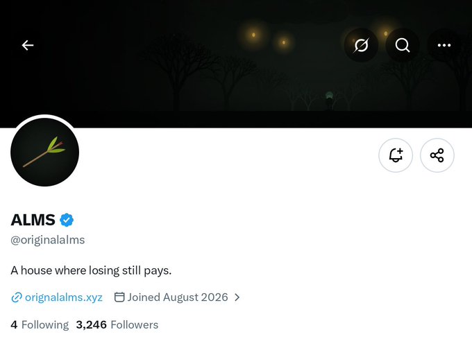 A social media profile for 'ALMS' (@originalalms) with the bio 'A house where losing still pays,' linked to originalalms.xyz, joined August 2026, with 3,246 followers.