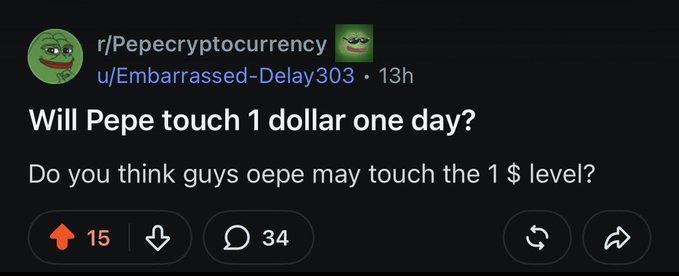 A Reddit post on r/Pepecryptocurrency asking 'Will Pepe touch 1 dollar one day?' with 15 upvotes and 34 comments.