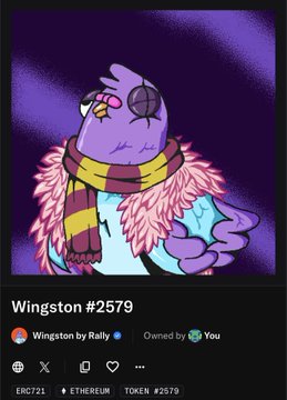 A digital collectible card titled "Wingston #2579" minted on Ethereum (ERC721) and owned by the user, featuring an illustration of a purple pigeon character wearing a striped scarf. The NFT is part of Rally's collection, tying into the post's gratitude for receiving a gifted NFT from Rally.