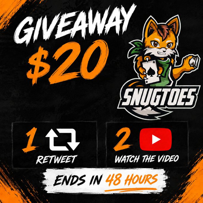 A bold giveaway promotional graphic from "Snugtoes" featuring a cartoon fox holding playing cards, advertising a $20 crypto giveaway with instructions to retweet and watch a video, ending in 48 hours. The orange and black design matches the post's call-to-action for a limited-time crypto giveaway contest.