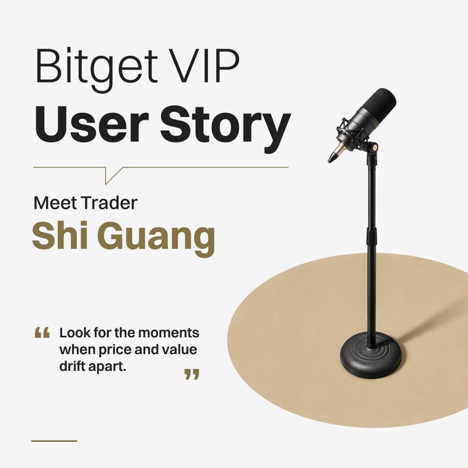 A Bitget VIP User Story promotional graphic featuring Trader Shi Guang with the quote: 'Look for the moments when price and value drift apart.'
