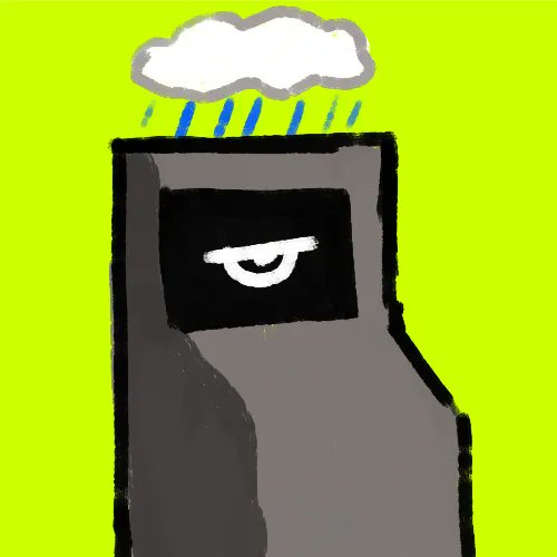 A pixelated drawing of a dark gray monitor-like figure with a single eye on a black screen, topped with a rain cloud emitting blue raindrops against a bright yellow-green background.