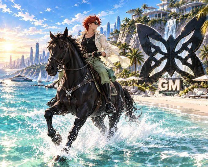 Digital fantasy artwork featuring a red-haired character riding a black horse through ocean waves, set in a tropical coastal city with 'GM' branding visible near a decorative butterfly logo.