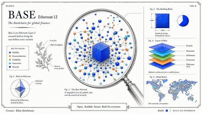 The image is an infographic-style promotional poster for "BASE Ethereum L2," positioning it as "the blockchain for global finance" with key values of Stability, Decentralization, Scalability, Innovation, and Security. It features illustrations including a magnifying glass over a network visualization, a stacked cube diagram, and a world map with "Global Reach," alongside captions like "Open, Scalable, Secure. Built for everyone."

The image ties to the post by visually reinforcing Base's positioning as a foundational blockchain layer designed to support diverse global financial markets—equities, commodities, predictions, and perps—emphasizing scalability, security, and worldwide accessibility rather than just DeFi metrics.