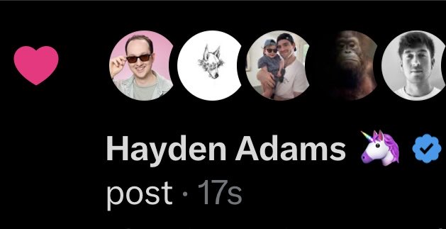 A social media post header showing 'Hayden Adams' as the user name with a heart icon and various profile pictures, marked as 'post · 17s'.