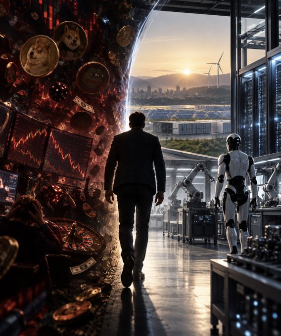 A man in a suit walks alongside a humanoid robot in a futuristic high-tech facility with screens and machinery, looking out toward a cityscape at sunset.