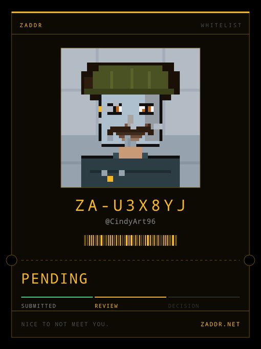 A digital card with 'ZADDR WHITELIST' text shows a pixel art character with a green hat, displaying the code 'ZA-U3X8YJ', '@CindyArt96', and 'PENDING' status.
