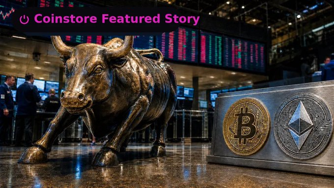A bronze charging bull statue stands on a stock exchange floor with Bitcoin and Ethereum coins displayed beside it, labeled 'Coinstore Featured Story'.