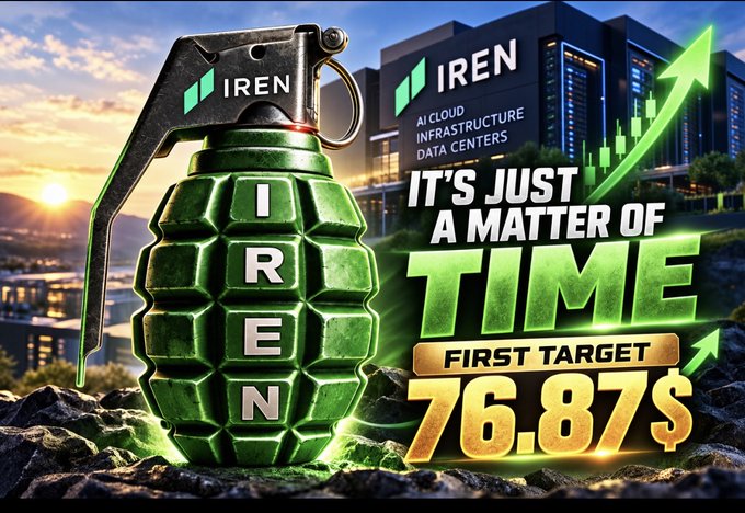 A promotional graphic for IREN featuring a green grenade with the brand name, claiming 'AI CLOUD INFRASTRUCTURE DATA CENTERS' with text stating 'IT'S JUST A MATTER OF TIME' and 'FIRST TARGET 76.87$'.
