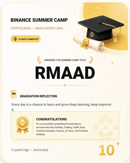 A second Binance Summer Camp graduation card from CryptoLingo (09/24/2026) awarded to 'RMAAD' for 10 days complete, with a reflection about daily learning opportunities.