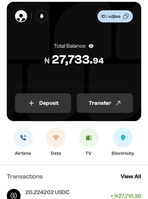 Mobile wallet app showing Total Balance of ₦27,733.94 for user ID: vdjlee, with options for Deposit, Transfer, Airtime, Data, TV, and Electricity, and a recent transaction of 20.224202 USDC (+₦27,718.36).