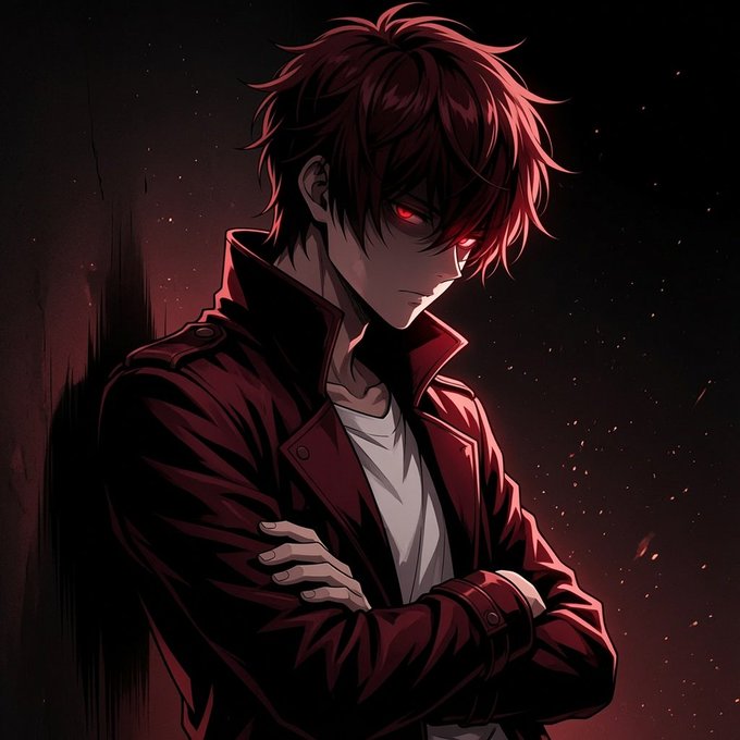 An anime-style illustration of a young man with dark red hair and glowing red eyes, wearing a red jacket with arms crossed against a dark background with red particles.