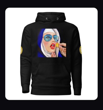 A black hoodie featuring an illustration of a nun with sunglasses being fed something, displayed on a white background.