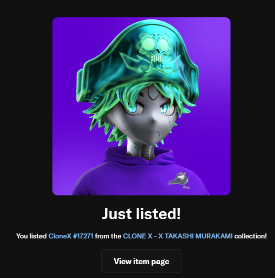 A digital notification showing a 'Just listed!' message for CloneX #17271 from the 'CLONE X - X TAKASHI MURAKAMI' collection, featuring an anime-style character with green hair and a purple hoodie with a skull design.
