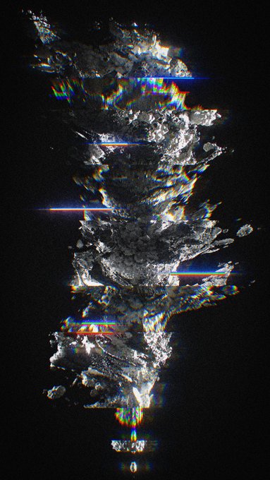 An abstract digital artwork featuring a distorted, glitch-effect vertical column of rocky or metallic fragments against a black background with rainbow chromatic aberrations.