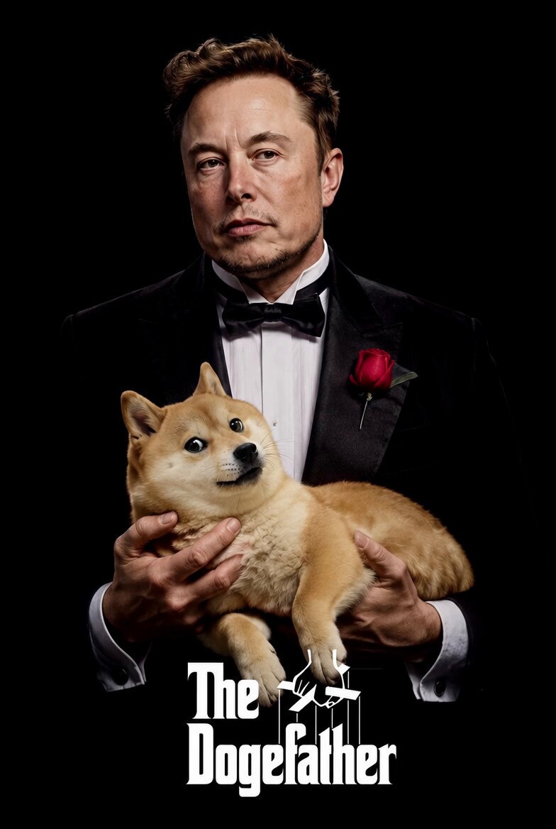 The image features a man dressed in a tuxedo holding a dog that appears to be a Shiba Inu breed with brown fur. The man is wearing a red rose pinned to his lapel, adding a touch of elegance to his attire. The background of the image is black, which contrasts with the white text and the man's suit and the dog's fur color. The caption below the image reads "Happy Father'S Day, Dogefather!", indicating that it is related to the post about celebrating fatherhood on this particular day.